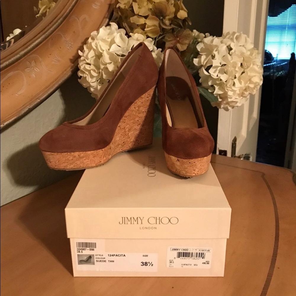 NWB Jimmy Choo cork wedge suede shoes.